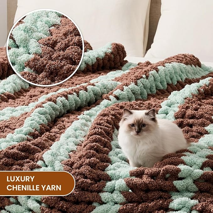 L'AGRATY Chunky Knit Throw Blanket for Couch, 60 x 80 Inches, Brown Green | Handmade Chenille Crochet Blanket for Sofa Bed, Thick Cable Knitted Blankets for Room Home Decor, Birthday Gift for Women Mom