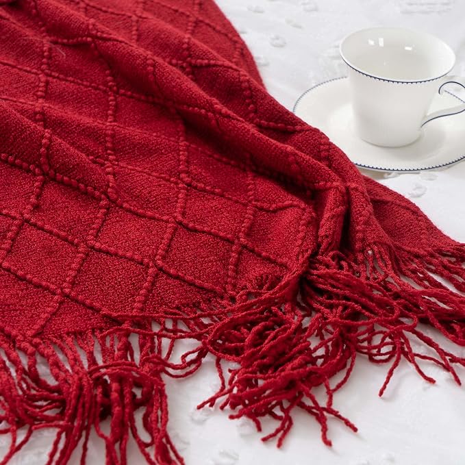 BATTILO HOME Christmas Decor Red Throw Blanket for Couch, Boho Bed Throws for Foot of Bed, Decorative Red Throws for Sofa Living Room, 50"x60" | Boho Throw Blanket for Foot of Bed, Decorative Knit Red Throw for Sofa Living Room