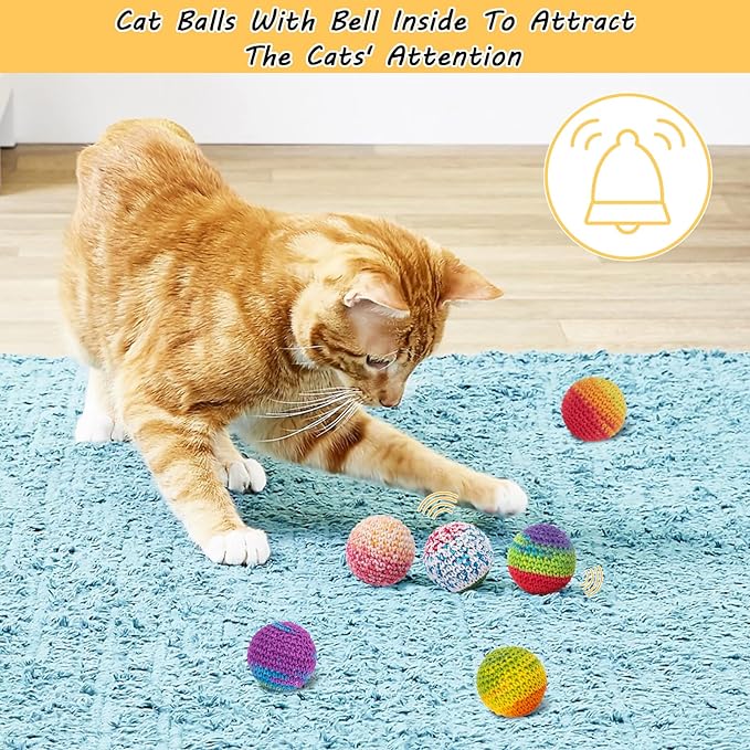 Retro Shaw Cat Toys Balls, Wool Yarn Cat Ball with Bell Inside, 6Pcs