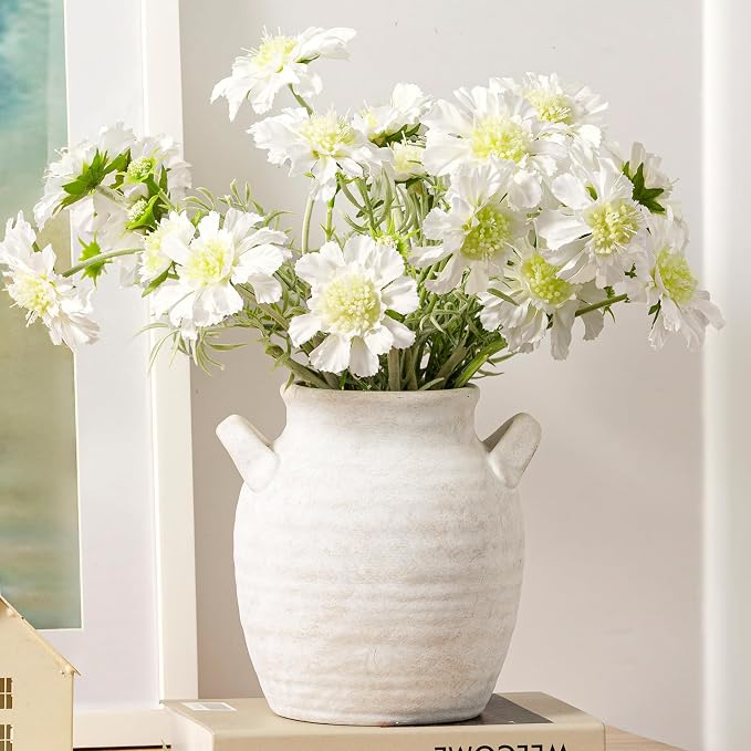 Vanselia Ceramic Flower Vase Home Decor - Farmhouse Table Vases with Handle Living Room Decoration Vintage Decorative Aesthetic for Shelf Coffee Dining Desk House Bookshelf Fireplace (7.1" Rustic)