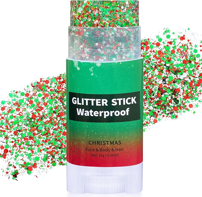Christmas Hair Glitter Stick,Red and Green Silver Face Body Glitter for Kids,Waterproof Christmas Outfits for Women, Stocking Stuffers Sparkling Party Gift for Girls,Chunky Glitter Makeup