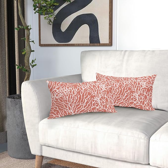 Nautical Coastal Lumbar Pillow Covers 12x20 Inch Set of 2 Summer Ocean Beach Coral Red Decorative Pillow Cases Outdoor Linen Cushion Cover Farmhouse Decor for Bedroom Home Sofa Couch Bed
