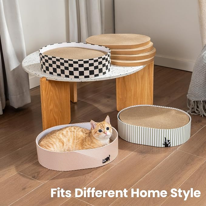 Conlun Oval Cat Scratcher Box with 4 Scratching Pads | Medium | Corrugated Cardboard | Reversible Design | Protects Furniture | Enclosed Bottom | Mess-Free Lounge Bed for Indoor Cats