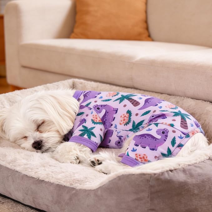 Dog Summer Pajamas Onesie Soft Breathable Puppy Jumpsuit Lightweight Dog Clothes for Small Medium Dogs Cat Pet Clothes(Purple Dinosaur, X-Small)