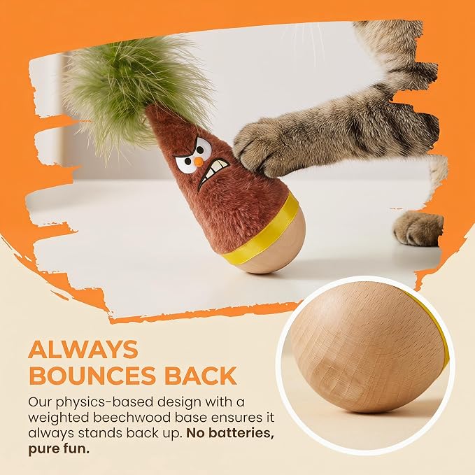 Wooden Wobble Cat Toy, Natural Beechwood Self-Righting Tumbler – 2-Pack Angry & Happy Carrot Kicker, Interactive Silent Cat Toy for Indoor Cats, Battery-Free Plush, Aesthetic Home Decor Gift
