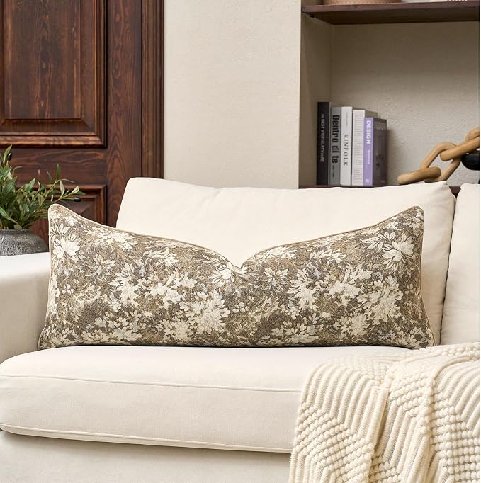 Neutral Floral Pillow Cover 14 x 36 Inches, Vintage Chenille Accent Throw Pillow Cover Soft Decorative Farmhouse Accent Couch Pillow Cover for Living Room Bedroom, Beige