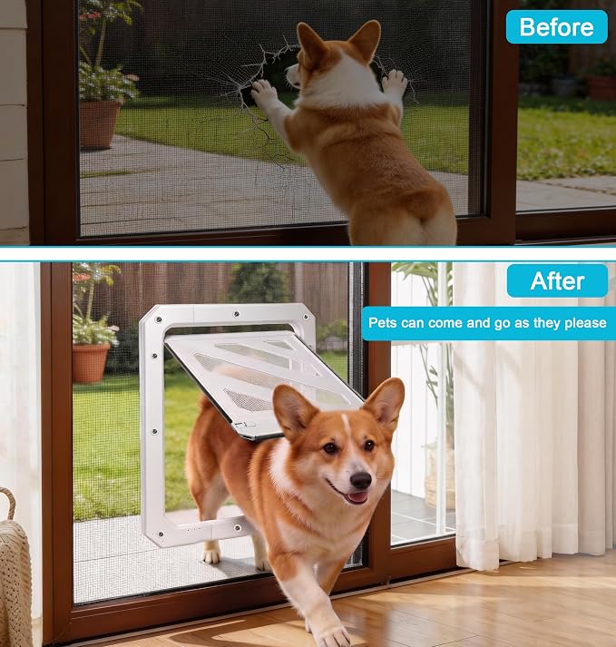 Dog Door for Screen Door, Enhanced Quiet Flap & Sealing Brush, 10.2”x14.3” Opening, Lockable Doggy Screen Door, Magnetic Self-Closing Pet Door-Medium to Large Dogs up to 60 lbs (White)