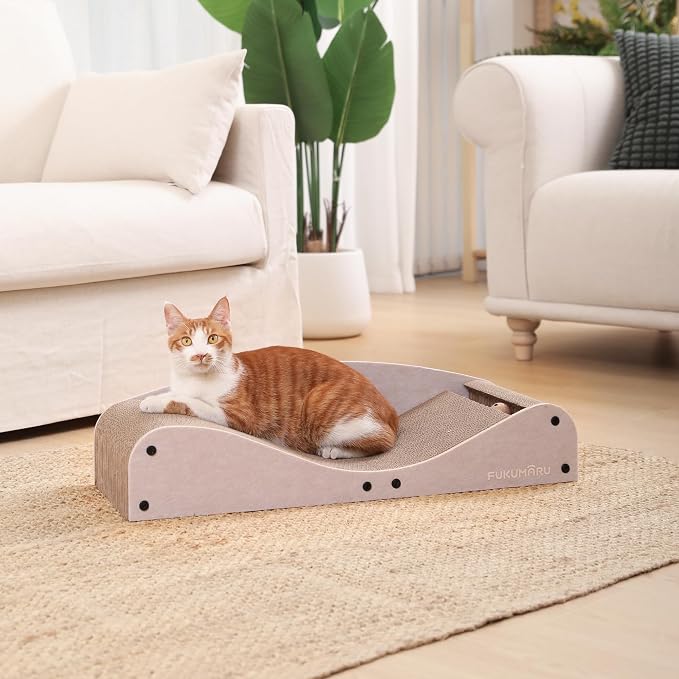 FUKUMARU Cardboard Cat Scratcher Bed, Extra Large 29.1 Inch Cat Scratch Pad | Cat Scratching Bed Couch Indoor, Natural Felt Multifunctional, Horizontal Kitten Scratch Bed Lounger With Ball Toy, Camel