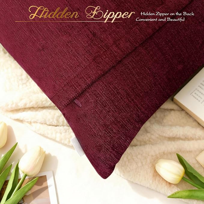 BRAWARM Chenille Throw Pillow Covers 22x22 Inches, Burgundy, 2 Pack | Decorative Pleated Pillow Covers, Soft Cushion Cases for Sofa Bed Living Room Home Farmhouse (No Insert)
