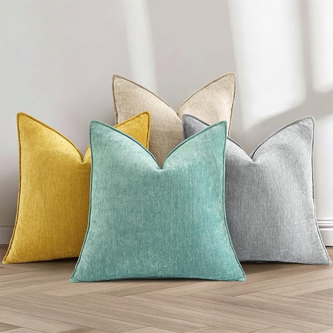 decorUhome Chenille Mineral Yellow Throw Pillow Covers 24x24 Set of 2 | Fall Soft Euro Sham Couch Decorative Modern Velvet Pillow Cases with Elegant Design for Sofa Bed Living Room Home Decor
