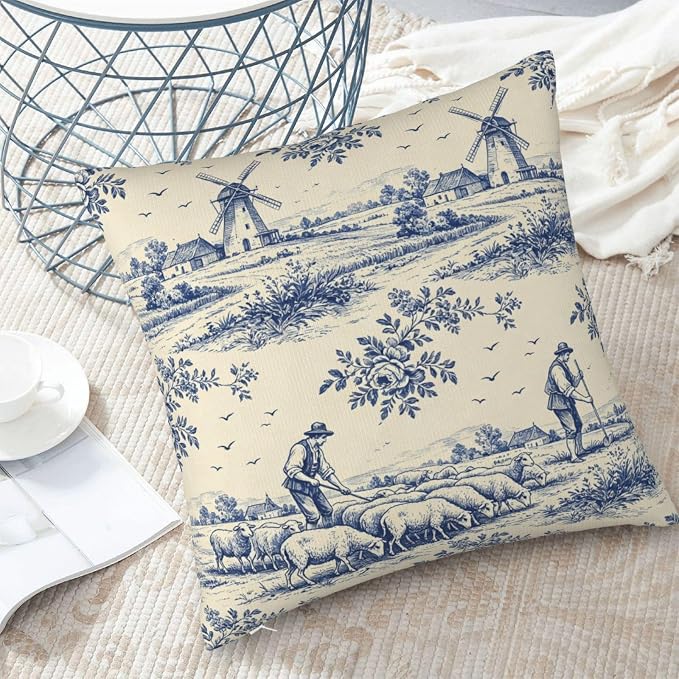 French Country Toile Pillow Covers 20x20 Set of 2, Blue & Cream Vintage Throw Pillow Covers Outdoor Decorative Pillow Case for Couch Bed Sofa Cushion Home Decor
