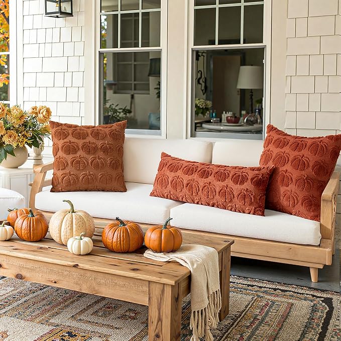 MIULEE Fall Pillow Covers Pumpkin Fall Decor 16x16 Rust | Set of 2 Fall Decorations for Home, Plush Faux Fur Farmhouse Accent Pillowcases, Porch Sofa Couch Cushion Bed Livingroom