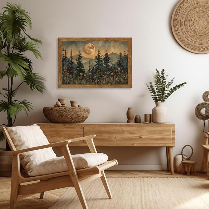 JLTULT Vintage Pine Tree Wall Art, Moonlit Wood-Framed Canvas, 20 x 30 In | Moonlit pine forest with wildflowers, fade-resistant canvas and ready-to-hang frame for bedrooms, living rooms and offices