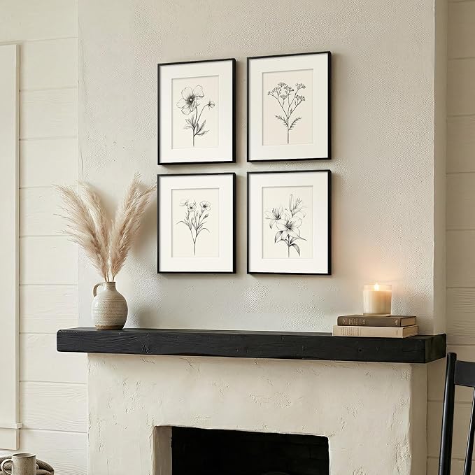 Framed Black and White Botanical Wall Art for Bathroom, 4 Piece 8x10 In | Minimalist floral wall decor, Vintage boho flower pictures, Plexiglass with mat prints, Bedroom office hallway room decor
