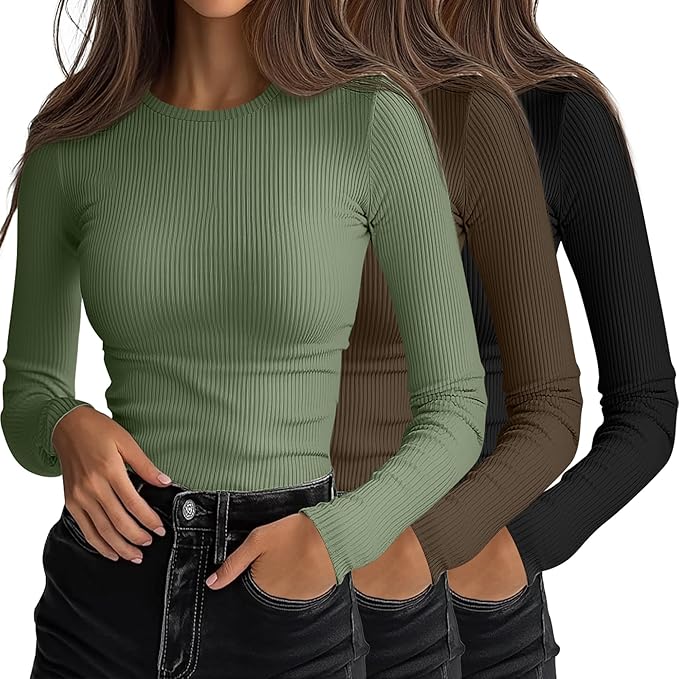 Ficerd 3 Pack Women's Ribbed Long Sleeve Tops, Crew Neck Slim Fit Undershirts Knit Basic Casual Stretch Layering Tee Shirts