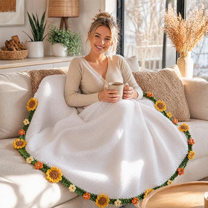 Ivydale 43inch Sunflowers Crochet Blanket Knitted Flower Bouquet Throw | Handmade Knitted Blanket, Gift for Her Girlfriend Mom Mother’s Day Valentine Wedding Anniversary Birthday