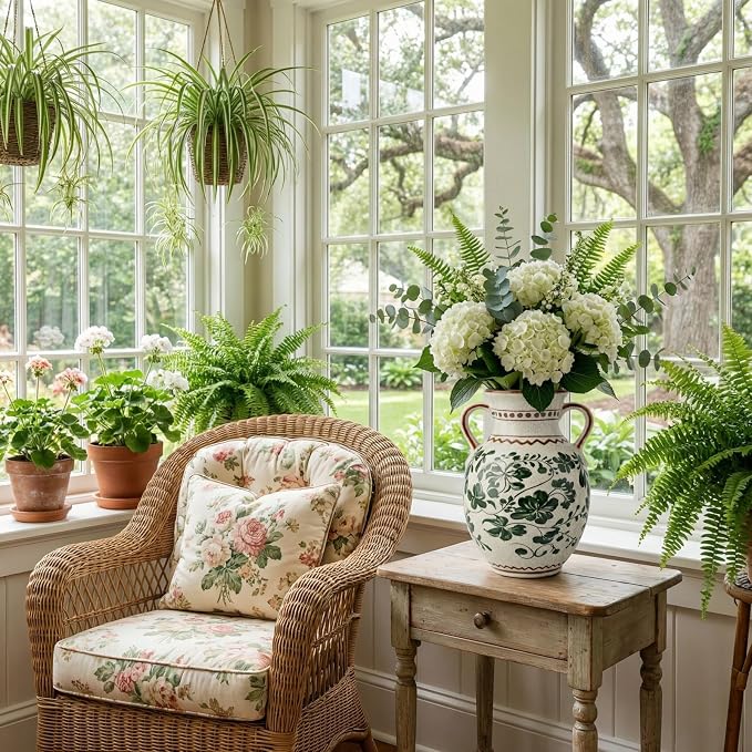 EFISPSS Ceramic Vintage Vase Decorative Spring Decor Chinese Crackle Floral Handle for Dining Room Living Room Green