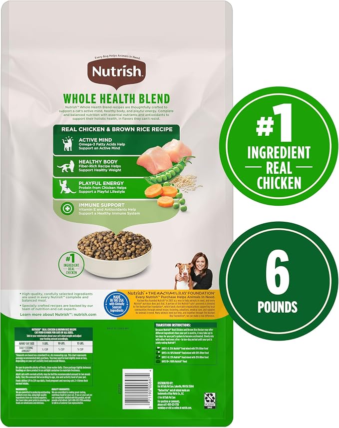 Nutrish Dry Cat Food, Chicken & Brown Rice Recipe, 6 lb. Bag (Rachael Ray) | Suitable For All Life Stages, Veterinarian Reviewed Formula, Natural Food with Added Vitamins, Minerals & Nutrients