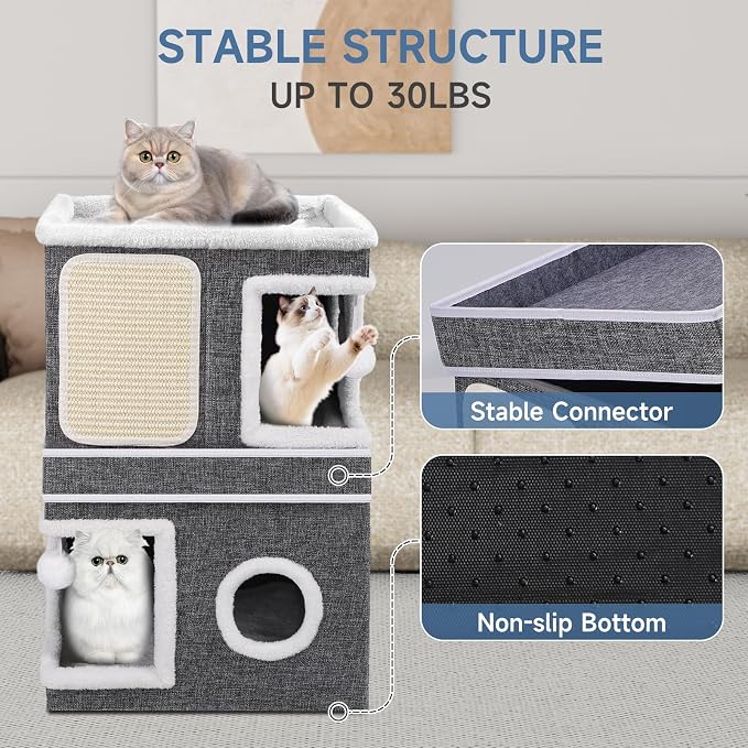 Shikha 2 Story Cat House beds for Indoor Cats with Scratch Pads Grey | 2 in 1 Dual Use Double Cat Bed Cave for Multiple Pets Kitten, Elevated Perch for a Wide View, All Season Reversible Cushion