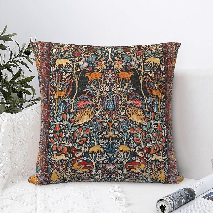 Antique Persian Carpet Print Pillow Covers Decorative Square Throw Pillowcase 18x18 Inch Couch Cushion Cover for Home Decor Living Room Bedroom College Dorm Bed Car Sofa