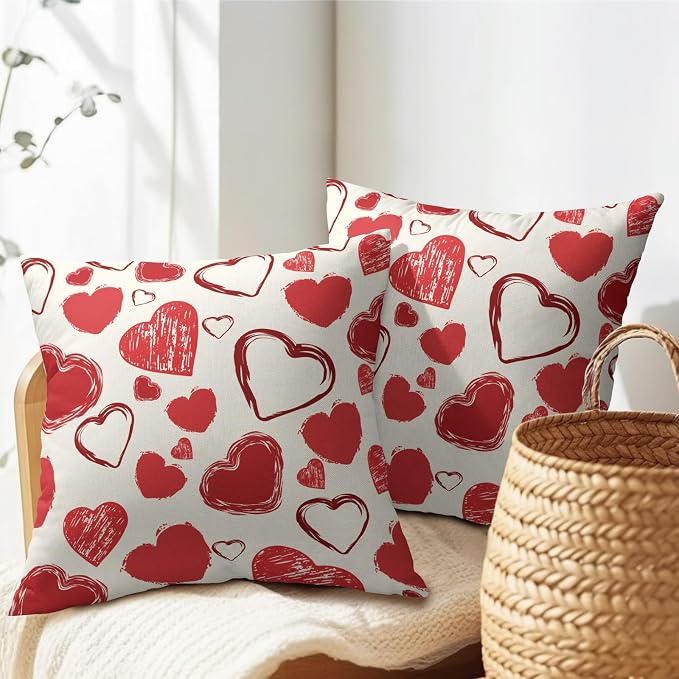 Kawani Love Hearts Throw Pillow Covers 16x16 Inches, Red White Decorative Pillowcase Set of 2 Cotton Linen Cushion Case for Couch Sofa Anniversary Engagement Wedding Room Home Decor