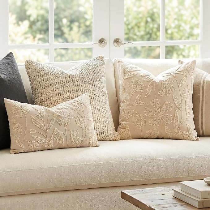 Decorative Throw Pillow Cover 20x20, Beige Neutral Velvet Accent Cushion Cover for Couch Sofa Living Room, Floral Tufted Square Pillowcase (Cover Only)