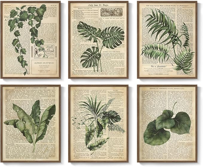 Framed Vintage Botanical Wall Art, Set of 6 Green Leaf and Fern Canvas Painting Prints, Rustic Farmhouse Plant Artwork for Living Room Bedroom Kitchen Dining Room Office Apartment Decor, 11x14 Inch