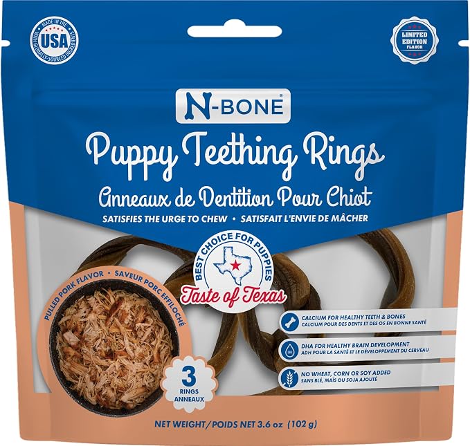 N-Bone Puppy Teething Rings, Taste of Texas Pulled Pork Flavor, Natural Puppy Teething Chews, Helps Soothe Teething Gums, Calcium Enriched Chew Treats, 3 Rings