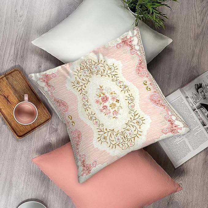 Boho Floral Throw Pillow Covers 20x20 inch Set of 2,Pink Boho Rug Geometric Floral Pattern Decor Double Sided Pattern Cushion Cover Soft Pillow Case Living Sofa Room Bed Square Pillow Cover