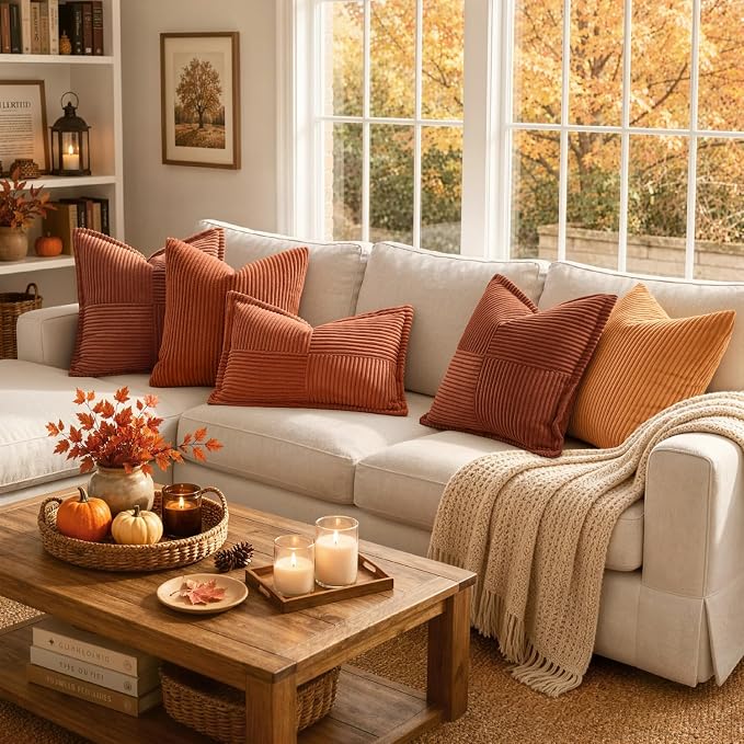 MIULEE Rust Fall Corduroy Decorative Euro Sham Pillow Covers 24x24 Inch with Splicing Set of 2 Soft Boho Pillow Covers Broadside Textured Summer Pillowcases for Couch Bed Livingroom