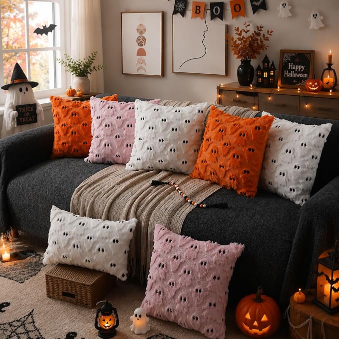 DFXSZ Halloween Pillow Covers 18x18 inch 2Pcs White Ghost Halloween Decor | Halloween Decorations Set of 2 Throw Pillow Cases Plush Faux Fur Wool Cushion for Chair Sofa Bedroom Living Room Home Decor