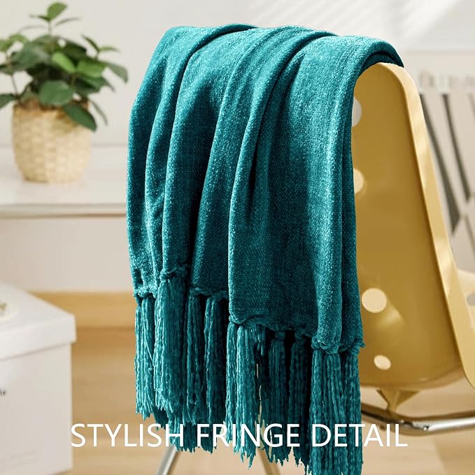 Chenille Throw Blanket for Couch 60" x 80" Twin, Teal | Soft Cozy Warm Throws with Fringe Tassel, for Living Room Bed Sofa Chair Cover, Lightweight Knitted Decorative Boho Blankets