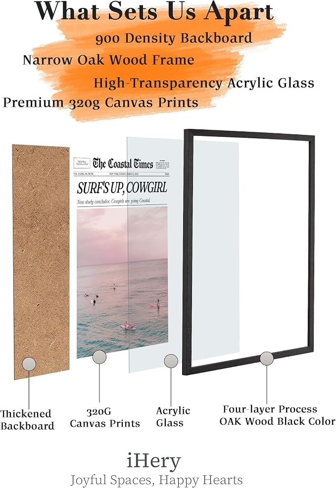 iHery 12x16in Surf’s Up Cowgirl Black Framed Newspaper Wall Art | Premium Black Natural OAK Wood Frame with Canvas Print, Coastal Cowgirl Decor for Bedroom, Dorm, Living Room 1Pack