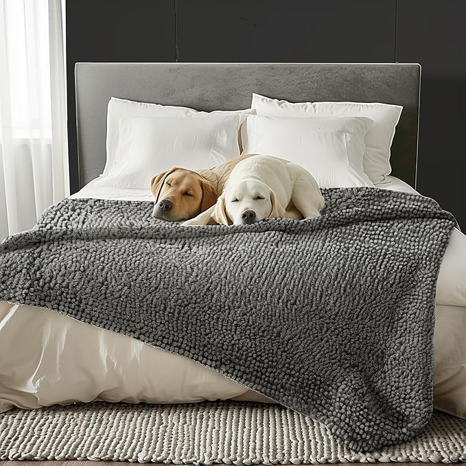 Muddy Mat® Dog Blanket - Chenille Water Absorption Blanket for Bed & Couch Cover for Dogs Washable, Anti-Slip Soft and Durable Furniture Protector for Dogs - Grey 30"x70"
