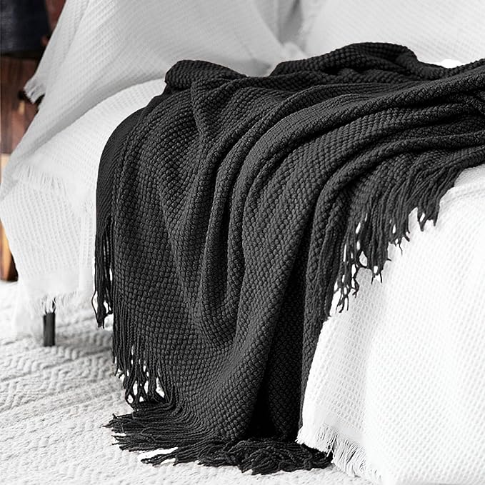 LOMAO Knitted Throw Blanket with Tassels Bubble Textured Lightweight Throws for Couch Cover Home Decor (Black, 60x90)