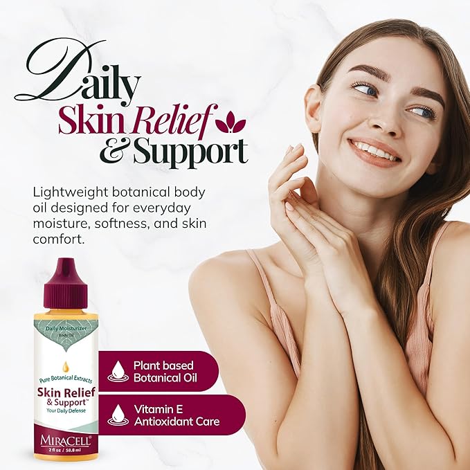 Miracell Skin Relief & Support Oil | Natural Moisturizer for Dry, Sensitive, or Irritated Skin | Soothes Cuts, Scrapes, Bug Bites, Sunburn, Chafing, Rough Hands, Cracked Cuticles & Windburn | 2 oz
