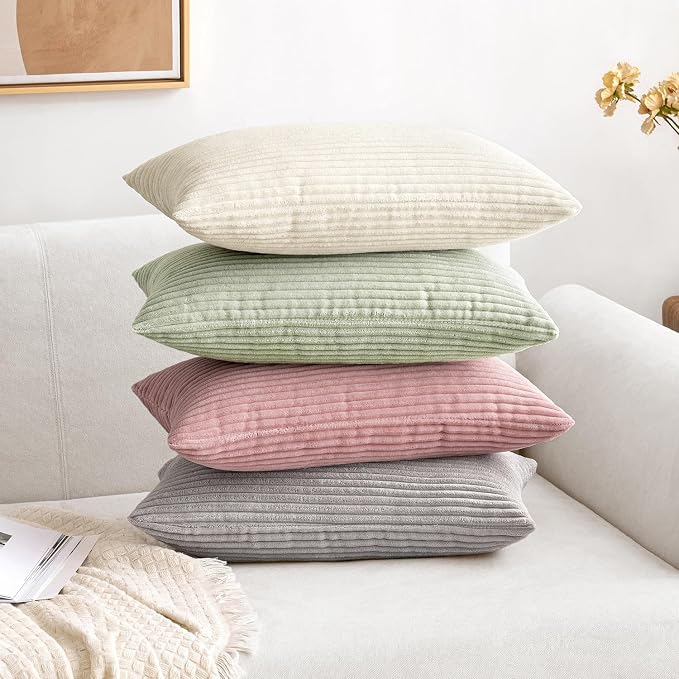 MIULEE Lumbar Soft Corduroy Throw Pillow Covers Set of 2 12x20 Cream White | Decorative Striped Textured Cushion Cases, Boho Pillowcases Neutral Home Decor, for Couch Chair Sofa Bed Living Room