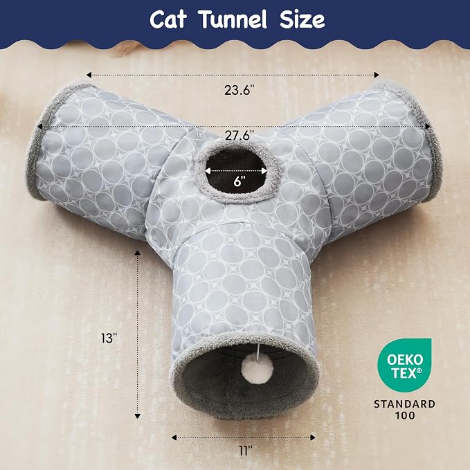 Tempcore Fleece-Lined Cat Tunnel, 3-Way Collapsible Toy, Geometry Grey