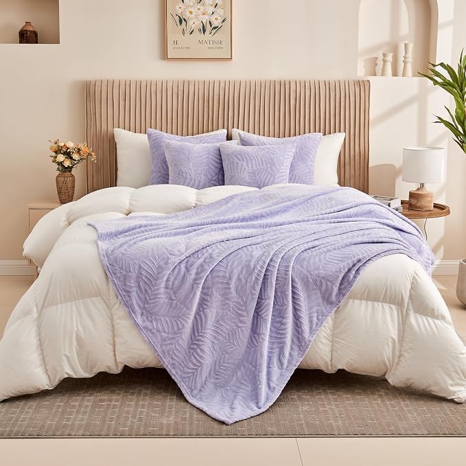Super Soft Flannel Fleece Throw Blanket, 60 x 80 Inches, Lilac | Lightweight Cozy Warm Leaves Textured Plush Blanket for Bed Couch Sofa