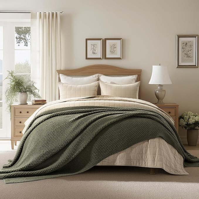 EVERGRACEHOME Chunky Chenille Knit Throw Blanket, 90 x 90, Olive Green | Sculpted Moss Stitch, Chic Modern Farmhouse, All-Season Warmth, OEKO-TEX® Certified, Oversized Queen for Couch, Bed, Sofa