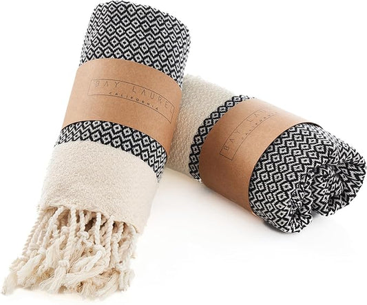BAY LAUREL Turkish Hand Towel – Pack of 2 | Soft & Absorbent Decorative Towels for Bathroom, Hand, Face, Hair, Gym, Yoga, SPA, Kitchen & Tea | Boho Decor (Black, Diamond 15x26 Inches (Set of 2)