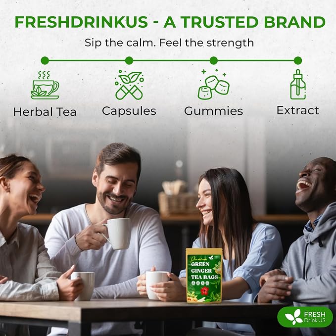 FreshDrinkUS, Premium Green Ginger Tea | 135 Tea Bags | Sencha Green Tea with Ginger, Lemongrass, Turmeric, Hibiscus & Peppermint | Natural Herbal Blend | Comfort & Refreshing, Vegan