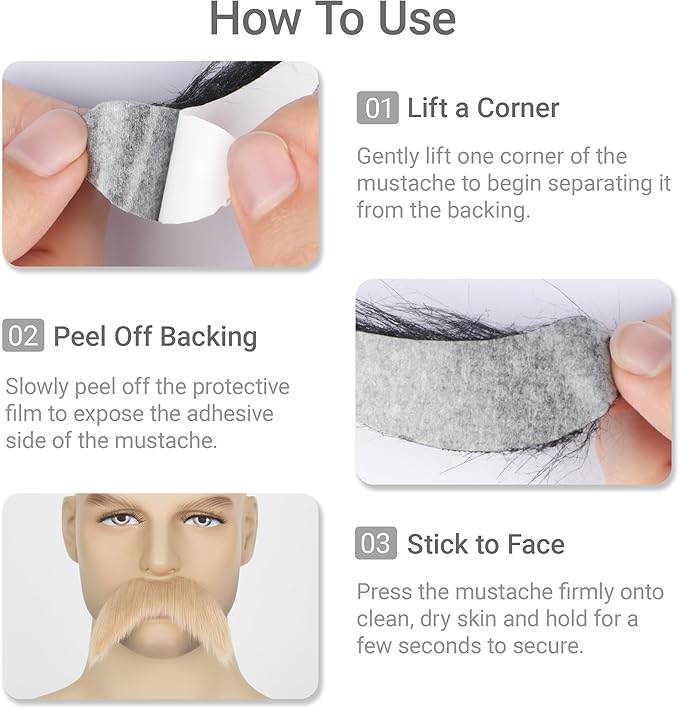 2Pcs Men Fake Mustache Realistic Mustaches Fake Facial Hair Beard for Cosplay Costume Halloween Parties