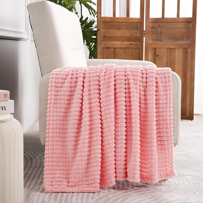 Puncuntex Fleece Throw Blanket Light Pink 90"×90" with Square Grid Design | Super Soft Plush Cozy Flannel Throw Blanket Luxury for Couch Sofa Chair
