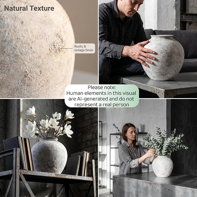 Lvases Aged Stone Rustic Ceramic Farmhouse Home Decor Dried Flower Vase | 8.3in large stone white limestone finish, mediterranean tuscan aged cement look, rustic table living room decorative vase