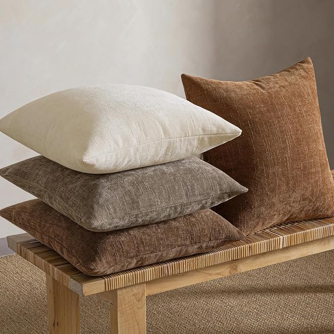 MIULEE Pack of 4 Fall Decorative Throw Pillow Covers 20x20 Inch Chenille Textured Throw Pillows Boho Farmhouse Cushion Covers Vintage Home Decor for Couch Sofa Bed Living Room，Beige Taupe Brown
