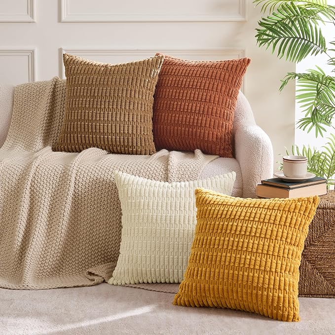MIULEE Pack of 4 Fall Corduroy Decorative Throw Pillow Covers 18x18 Camel | Neutral Rustic Farmhouse Boho Soft Striped Pillow Covers,Home Decor for Sofa,Living Room,Couch,Bed