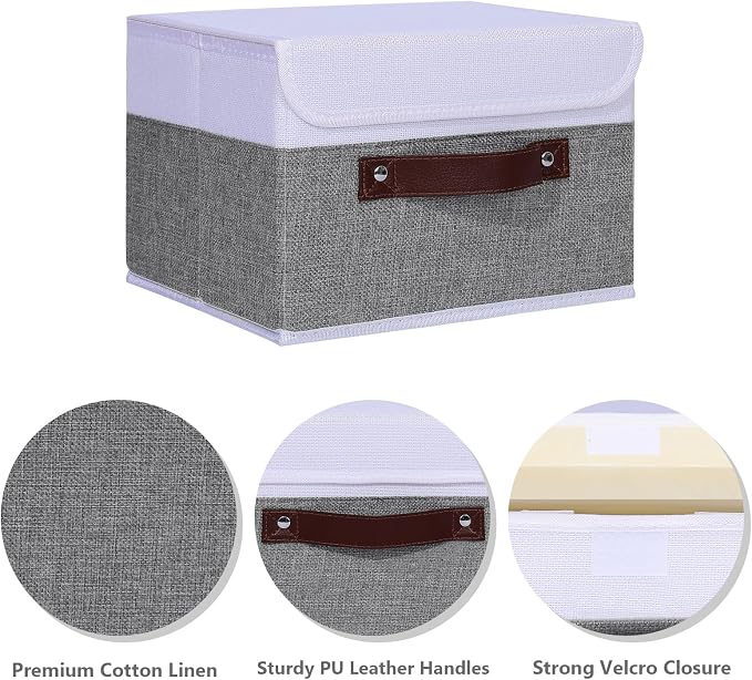 ANMINY Fabric Storage Box Bins with Lids, Gray White, 10"x8"x7", 4 Pack | Keepsake Memory Storage, Cotton Linen, PP Board Reinforced, Washable, PU Handles, Foldable & Stackable, Decorative, Small