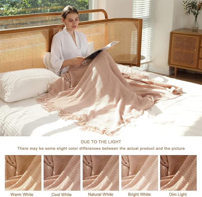 Blagic Wheat Textured Throw Blanket for Couch,Light Pink & White,50"x60" | Soft Farmhouse Boho Throw Blanket with Tassels,Decorative for Living Room,Gifts for Adults,All Season Use