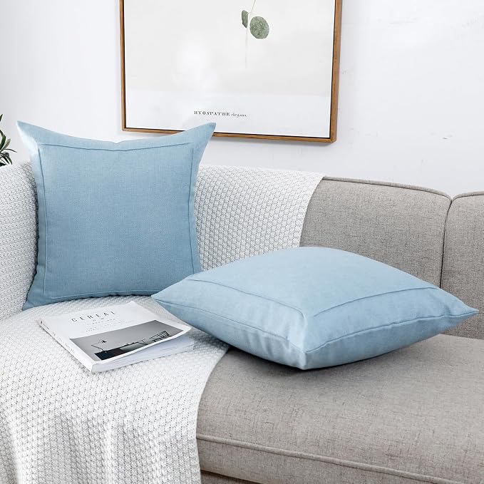 20x20 Inch Burlap Linen Throw Pillow Covers, Pack of 2 Decorative Farmhouse Rustic Neutral Pillow Covers Square Durable Cushion Cover for Sofa Couch Bed Home Decor, Baby Blue